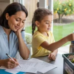 Mother reviewing utility bill while daughter fills reusable water bottle in Grand Prairie kitchen