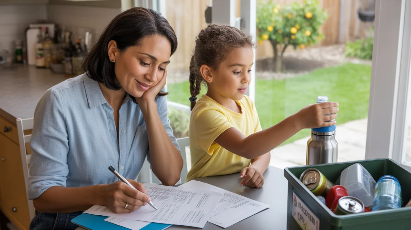 Mother reviewing utility bill while daughter fills reusable water bottle in Grand Prairie kitchen