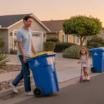 Man rolling recycling bin to curb in front of xeriscaped home in Santa Ana at dusk, with daughter riding scooter nearby