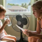 Mother and daughter looking concerned about summer electric bill in bedroom of Florida home