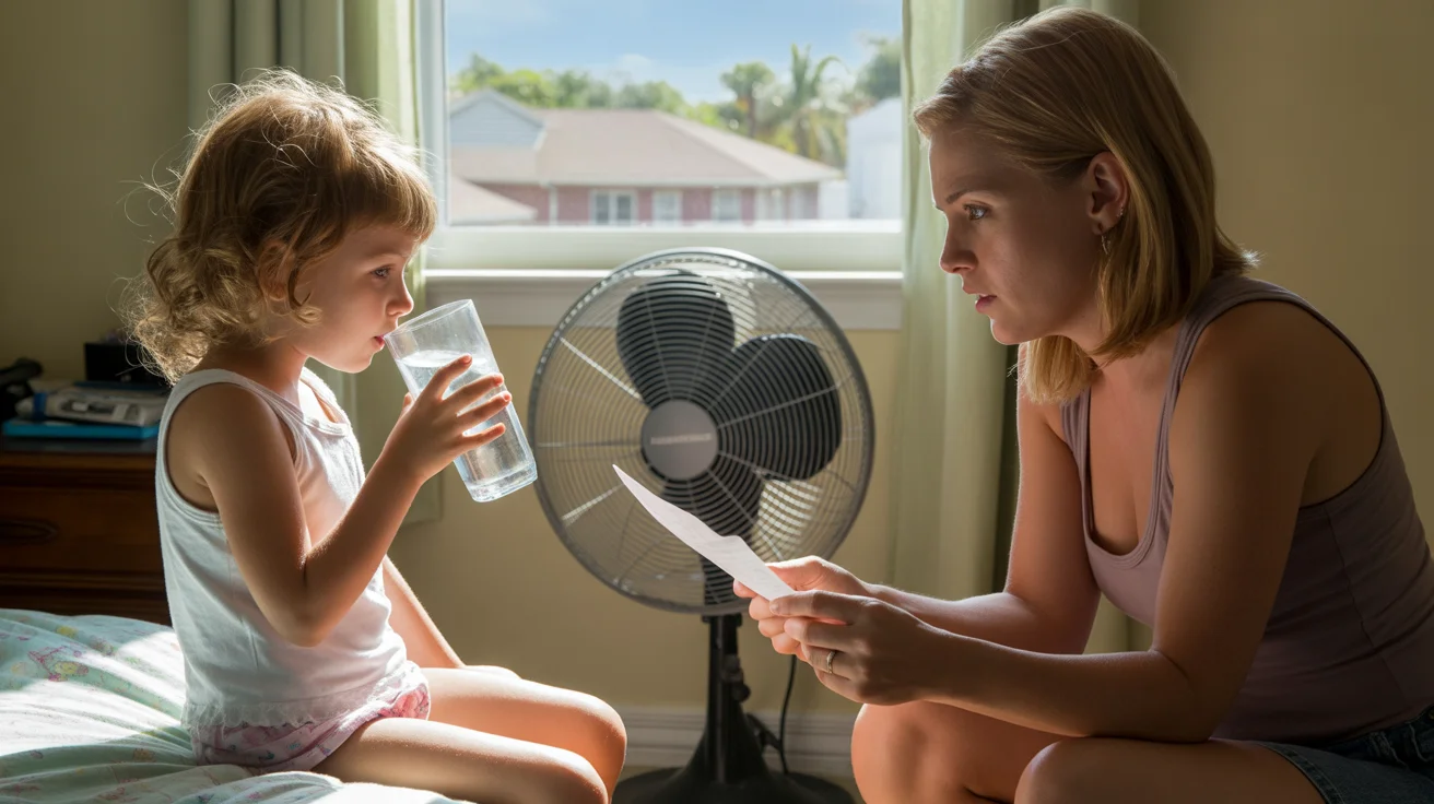 Mother and daughter looking concerned about summer electric bill in bedroom of Florida home