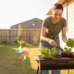 Woman tending herb garden next to grill in suburban backyard
