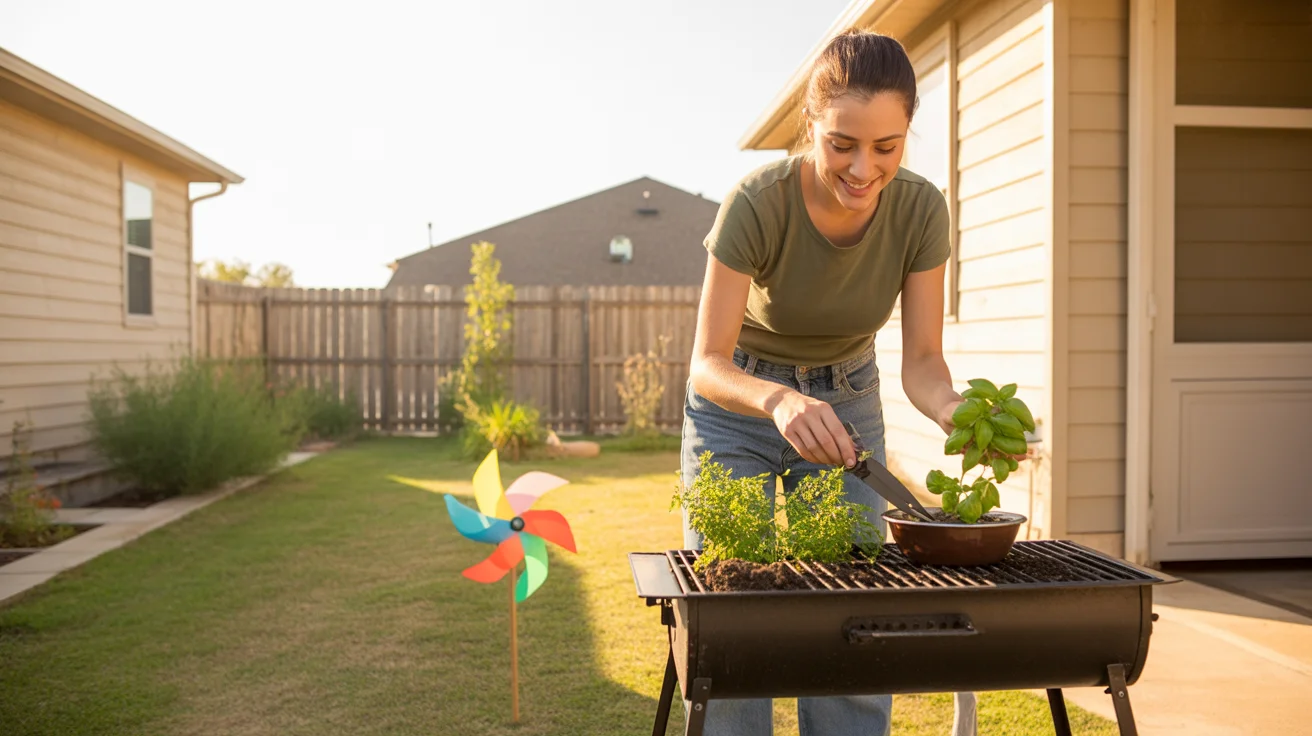 Woman tending herb garden next to grill in suburban backyard