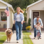 A woman walks her dog past well-maintained homes in a pleasant Winter Garden neighborhood.