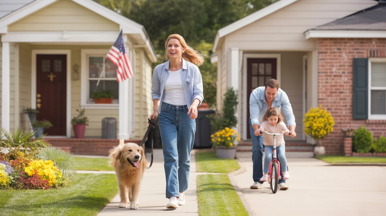 A woman walks her dog past well-maintained homes in a pleasant Winter Garden neighborhood.