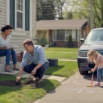 Man pulls weeds in front yard of Aurora bungalow while wife reviews mortgage papers and daughter plays