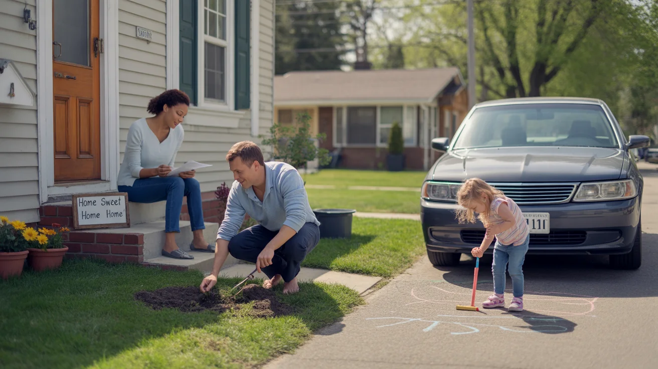 Man pulls weeds in front yard of Aurora bungalow while wife reviews mortgage papers and daughter plays