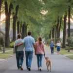Family walking dog through peaceful Roswell neighborhood at sunset