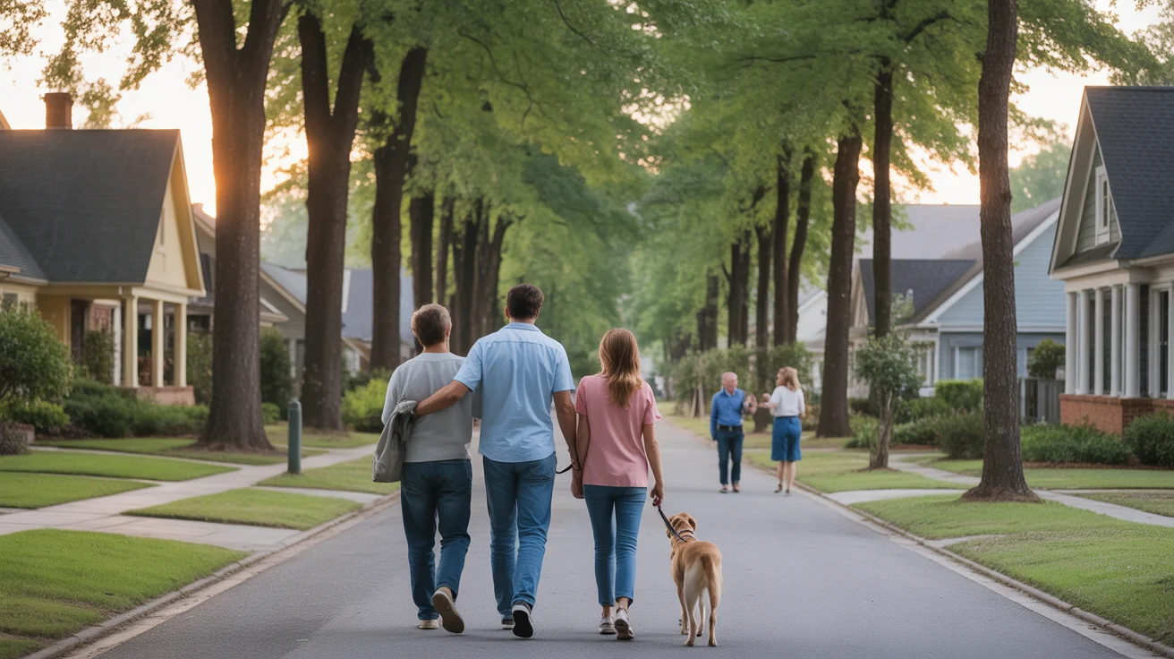 Family walking dog through peaceful Roswell neighborhood at sunset
