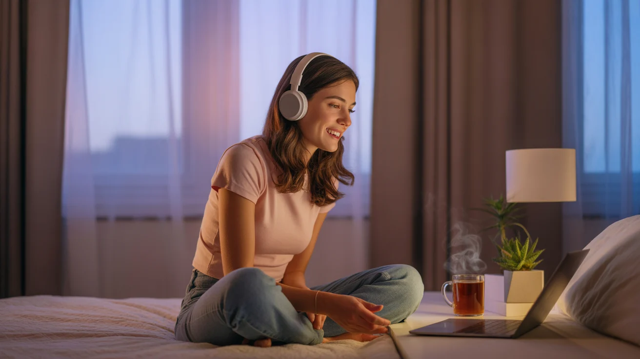 Woman relaxing in bed watching streaming content on laptop, cozy Chicago apartment