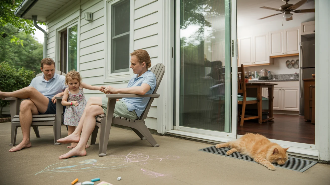 Family relaxing on shaded patio while cat sleeps by air vent indoors on a hot summer day in Concord, NC