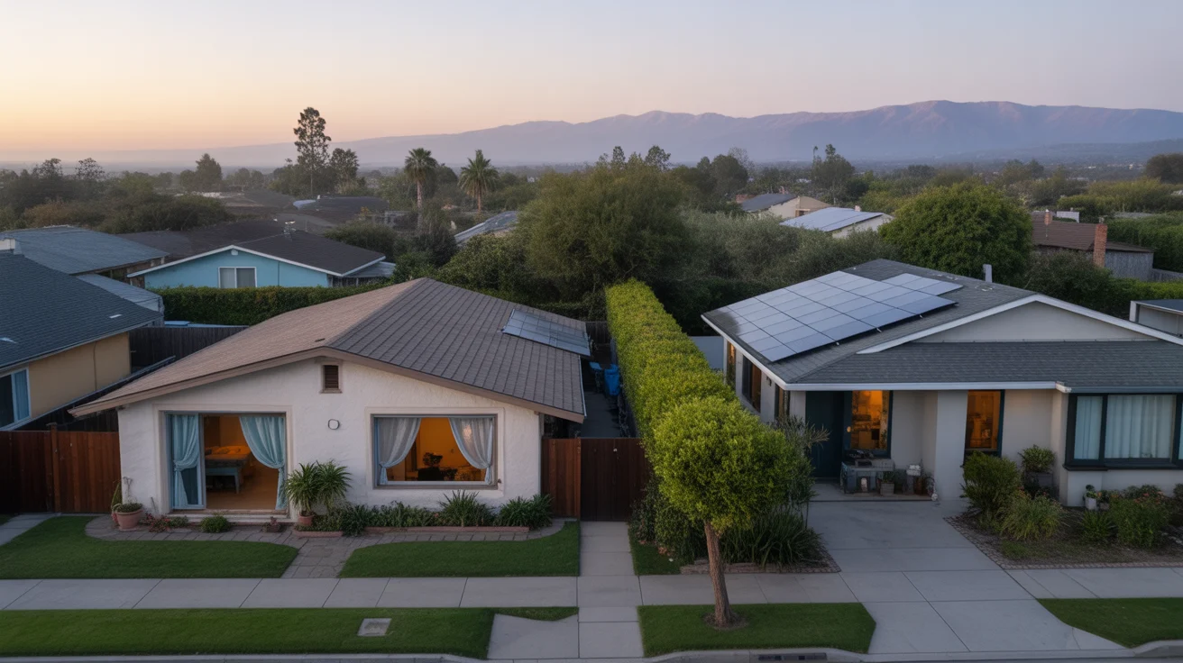 Aerial view of two homes in Anaheim, CA at sunrise, with open windows and solar panels