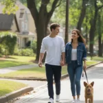 Couple walking dog on residential street in Marietta, Georgia