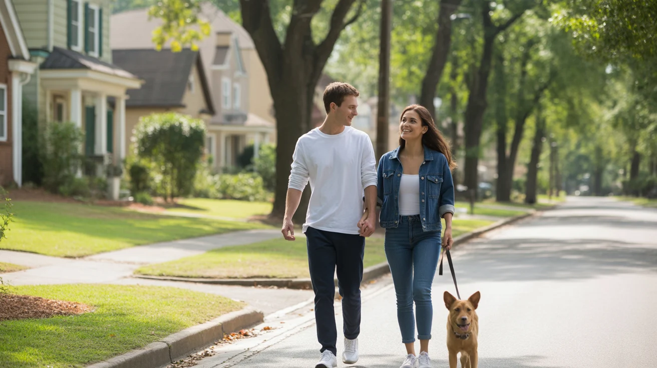 Couple walking dog on residential street in Marietta, Georgia