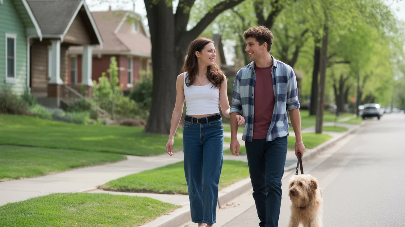 Couple walking dog on tree-lined residential street in Arvada, Colorado