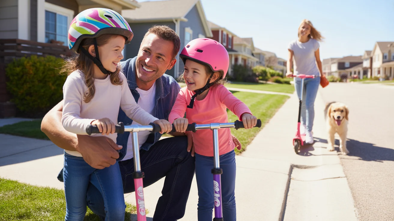 Father and young daughters sitting on front steps of suburban home, girls laughing and preparing to ride scooters on cul-de-sac