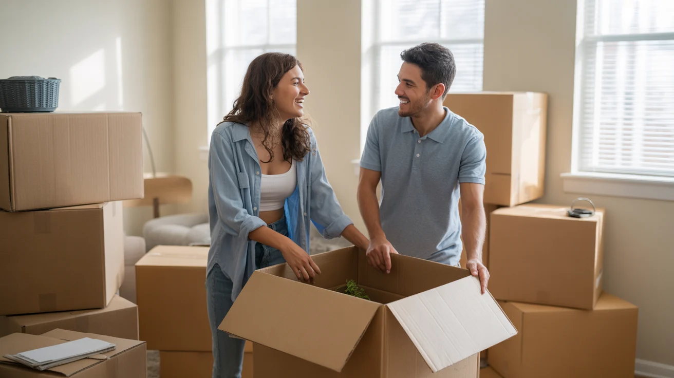 Couple unpacks moving boxes in their new apartment in West Jordan, UT
