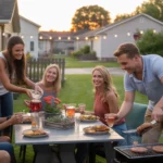 Friends gathered around patio table enjoying summer barbecue in Joliet backyard at dusk