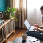 Living room corner with record player and woman using laptop on couch