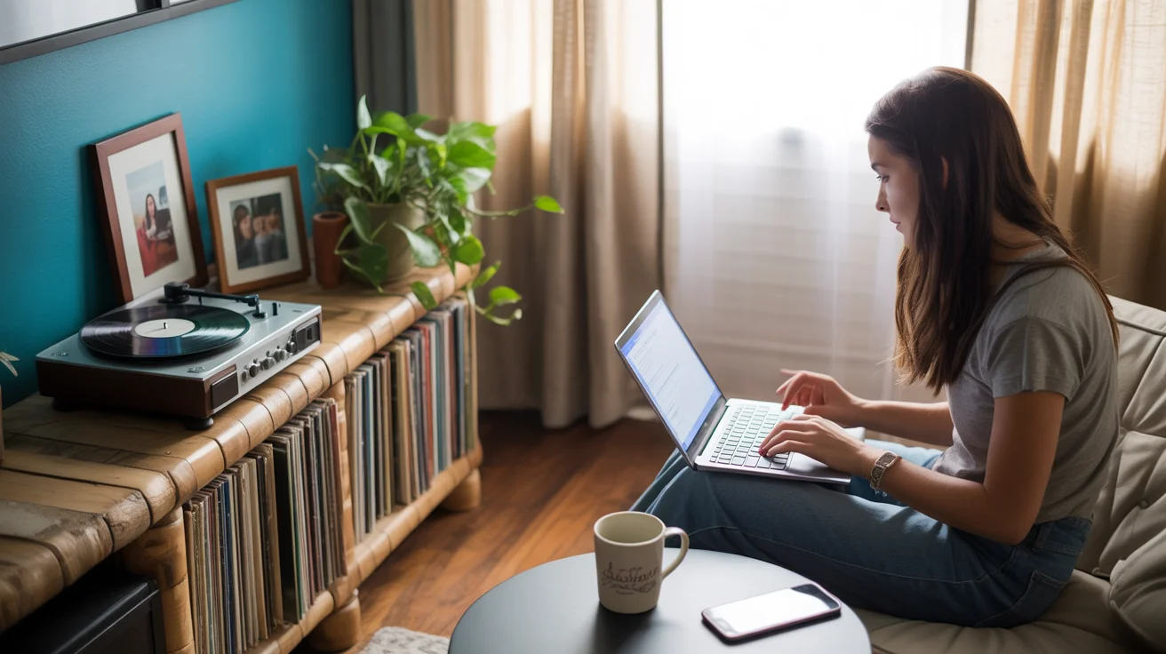 Living room corner with record player and woman using laptop on couch