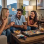 Friends enjoying a board game night in a cozy North Las Vegas living room