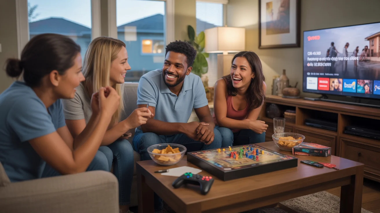 Friends enjoying a board game night in a cozy North Las Vegas living room