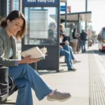 Woman reading a book while waiting for the bus at a stop in West Valley City, Utah
