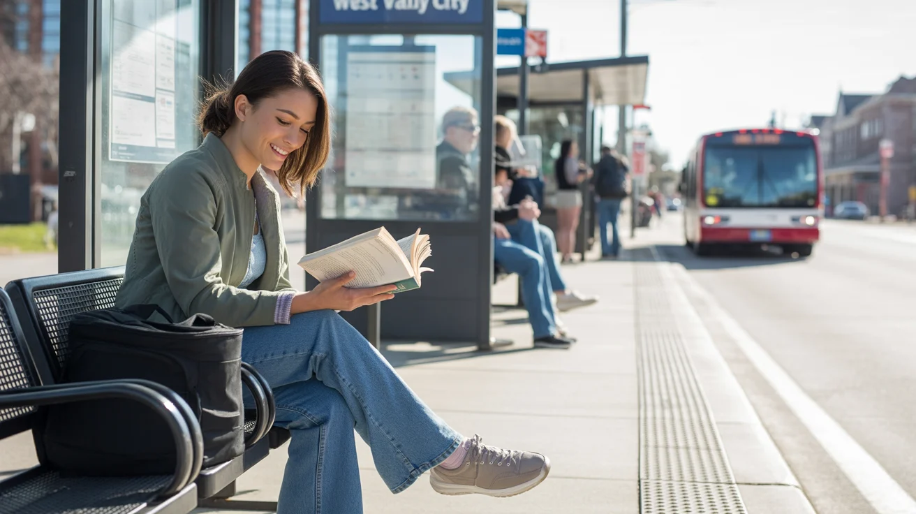 Woman reading a book while waiting for the bus at a stop in West Valley City, Utah