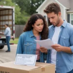 Couple reviewing fees and parking ticket while moving into new home in Katy, Texas
