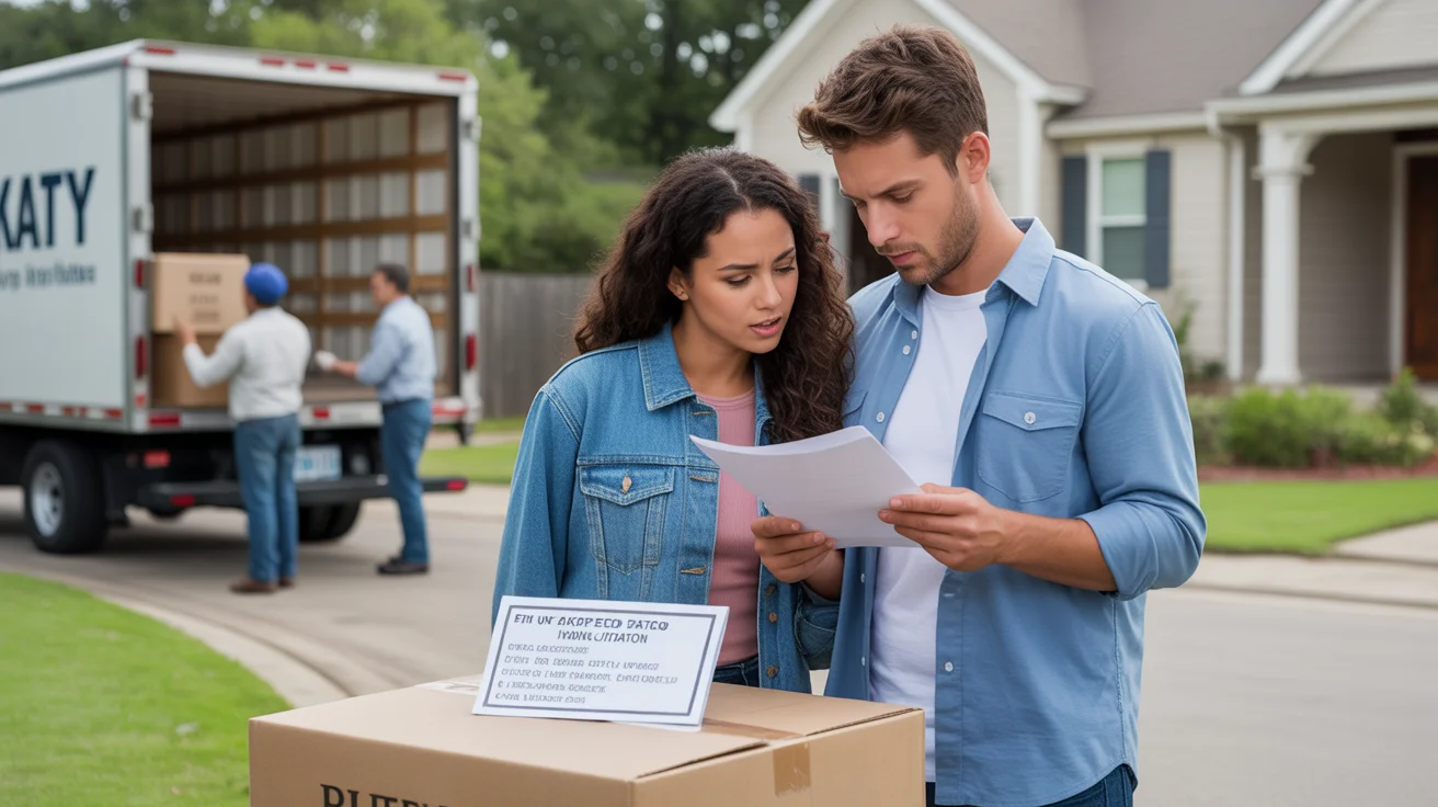 Couple reviewing fees and parking ticket while moving into new home in Katy, Texas