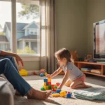 Father and daughter enjoying family time at home in Chapel Hill living room