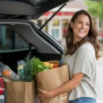 Woman loading groceries into car trunk outside Naperville supermarket