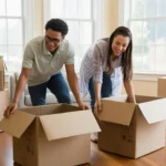 Couple unpacking in their new Gastonia, NC home on a sunny day