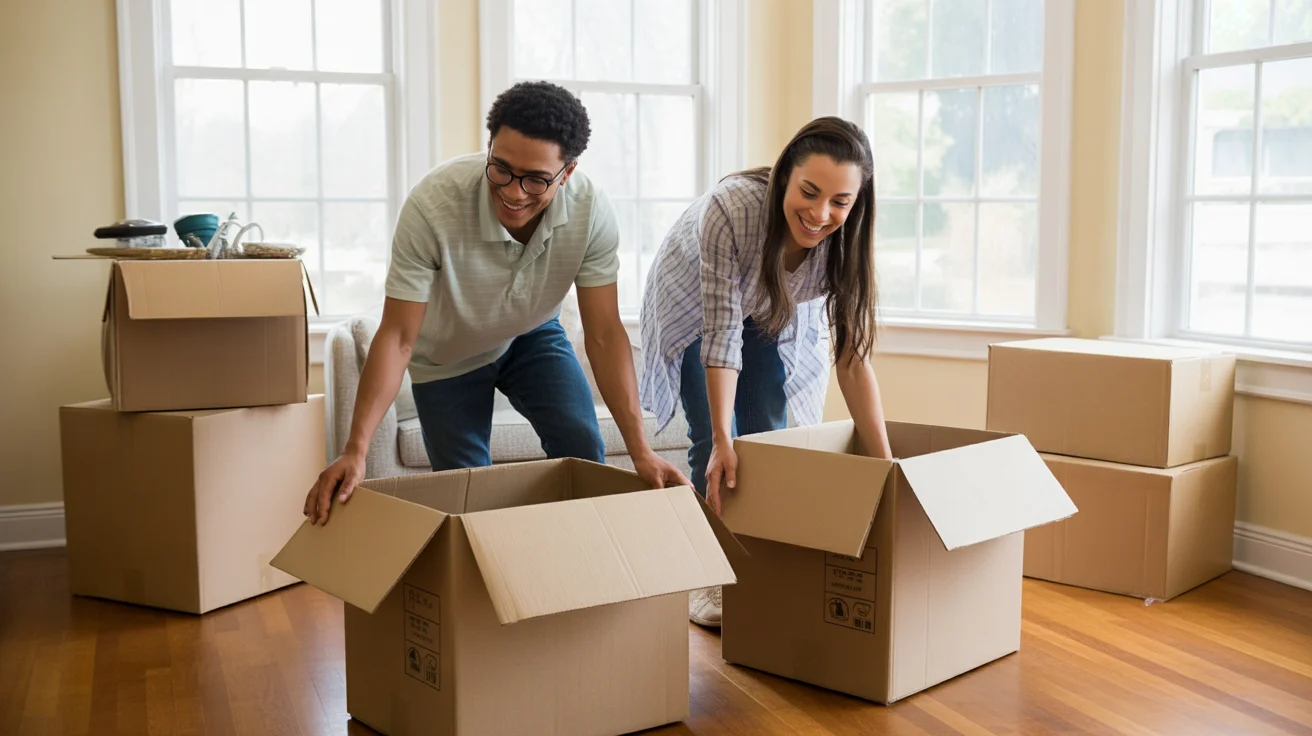Couple unpacking in their new Gastonia, NC home on a sunny day