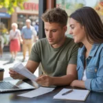 Couple reviewing monthly budget and expenses at coffee shop in Santa Ana