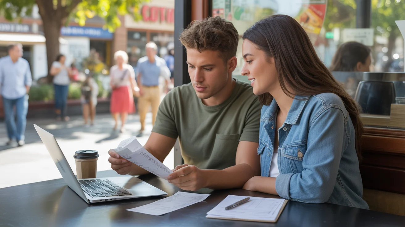 Couple reviewing monthly budget and expenses at coffee shop in Santa Ana
