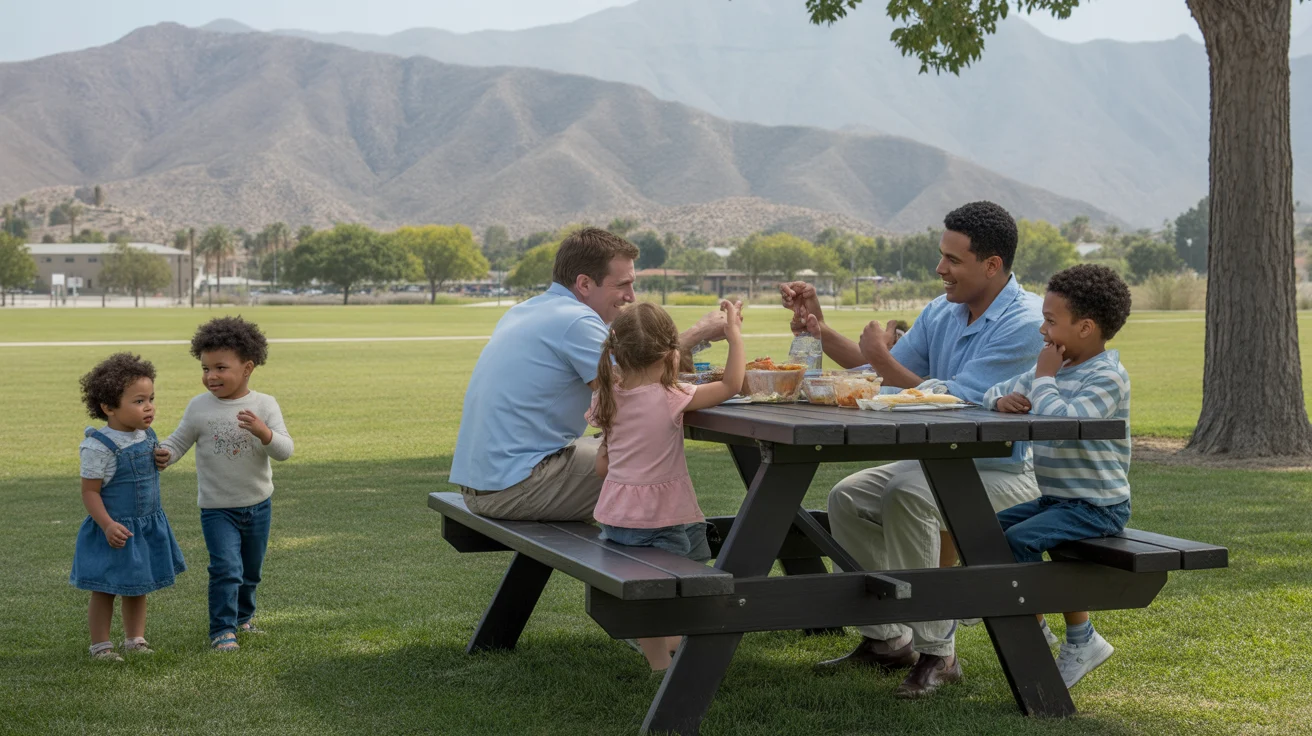 Family having a budget-friendly picnic lunch at a park in San Bernardino