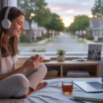 Woman relaxing in bed with laptop and headphones, enjoying streaming entertainment at home in Round Rock, TX