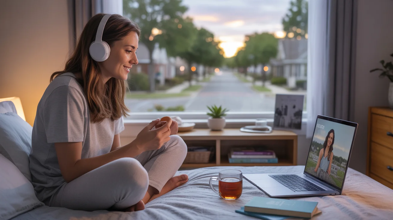 Woman relaxing in bed with laptop and headphones, enjoying streaming entertainment at home in Round Rock, TX