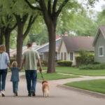 A family walks their dog through a peaceful Wheaton, IL neighborhood on a sunny day.