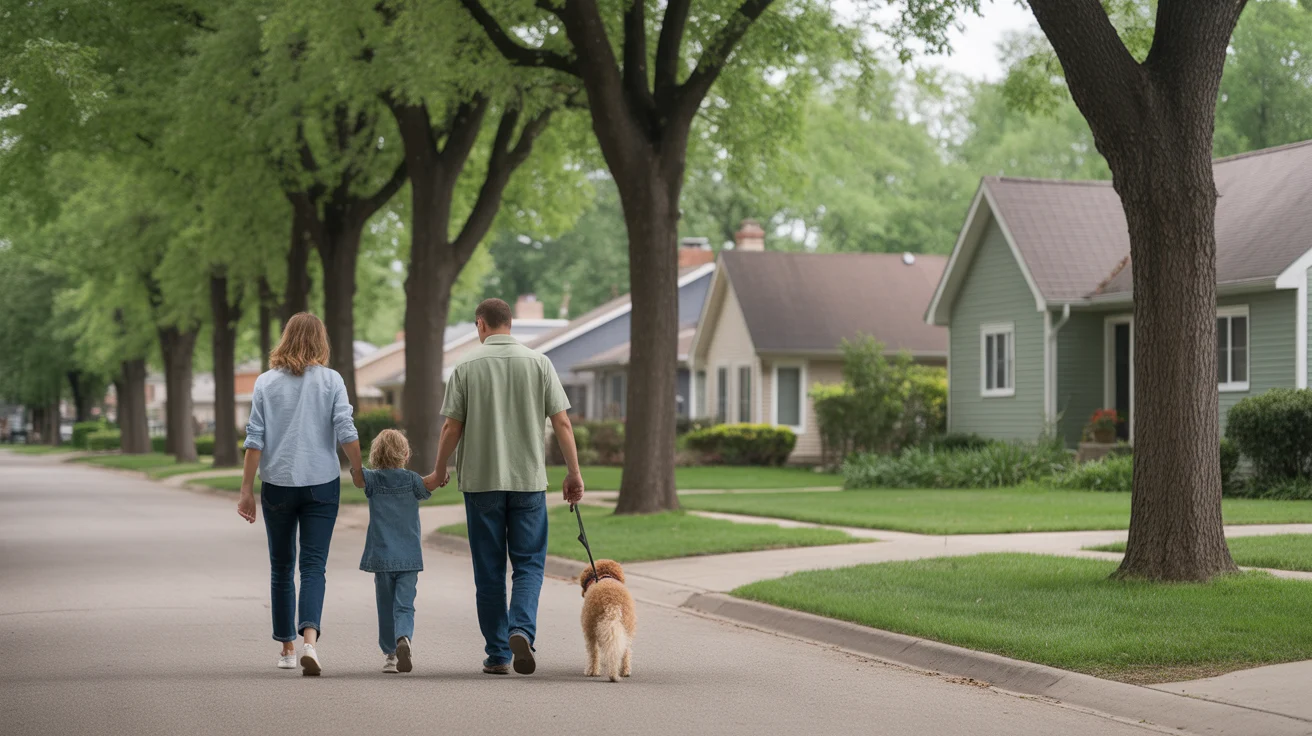 A family walks their dog through a peaceful Wheaton, IL neighborhood on a sunny day.