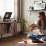 Woman browsing vinyl records beside a turntable and speaker in a sunlit living room corner