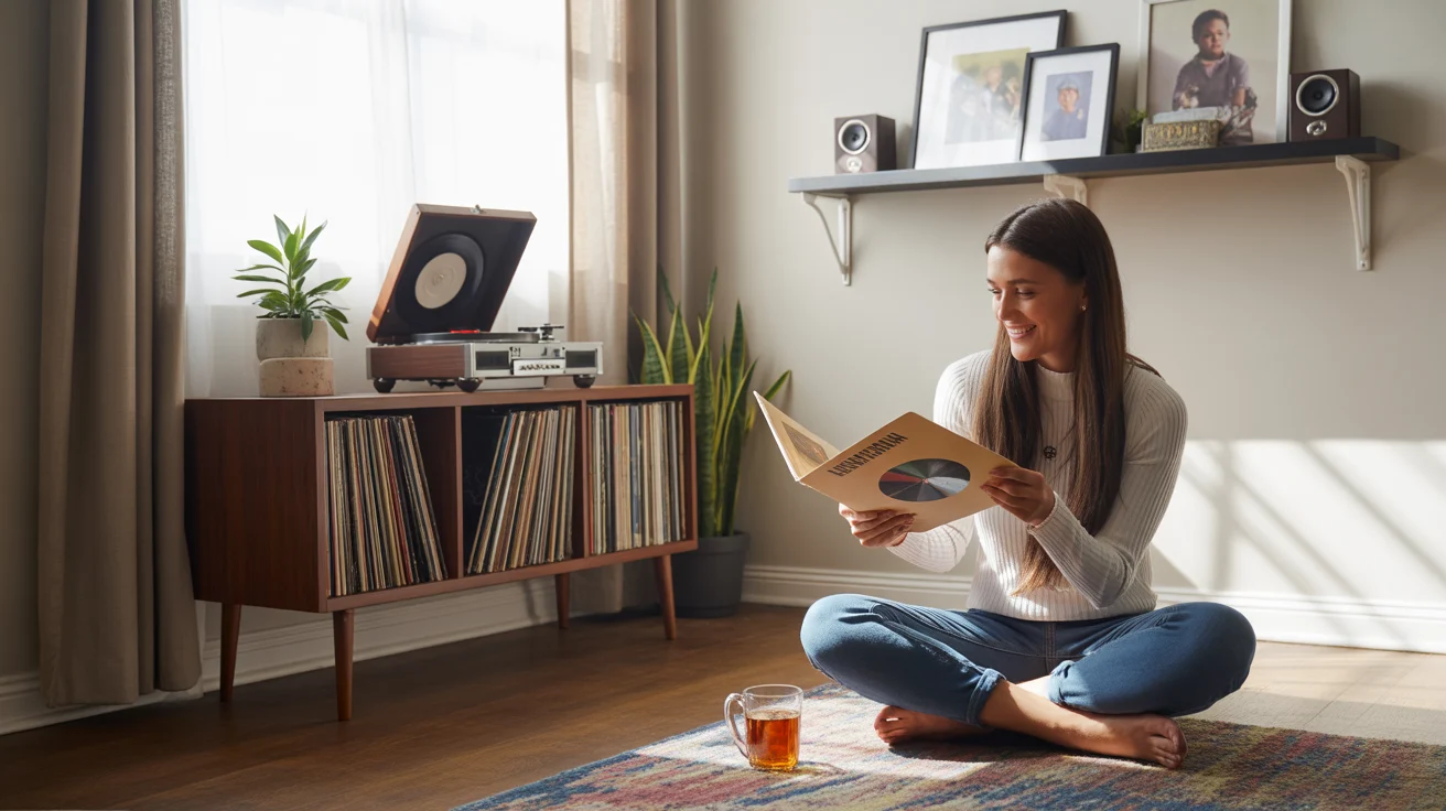 Woman browsing vinyl records beside a turntable and speaker in a sunlit living room corner