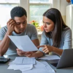 Couple reviewing bills and expenses at kitchen table in Sugar Land home
