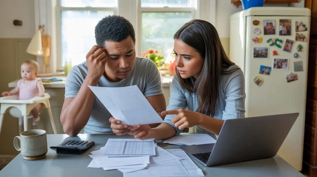Couple reviewing bills and expenses at kitchen table in Sugar Land home
