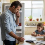 Father looking in refrigerator while daughter colors, unpaid bills on counter in Murrieta kitchen