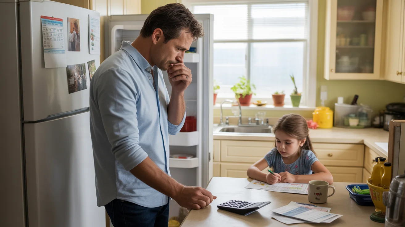 Father looking in refrigerator while daughter colors, unpaid bills on counter in Murrieta kitchen