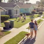 Aerial view of a couple walking their dog on a quiet suburban street in Winter Garden, Florida with houses and an apartment complex