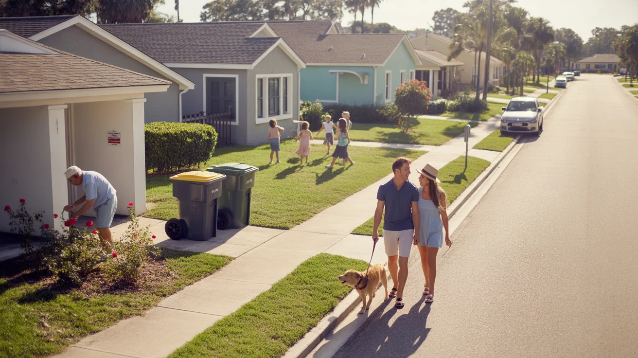 Aerial view of a couple walking their dog on a quiet suburban street in Winter Garden, Florida with houses and an apartment complex