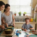 A young family cooks dinner together in their modest kitchen in Pasadena, TX.